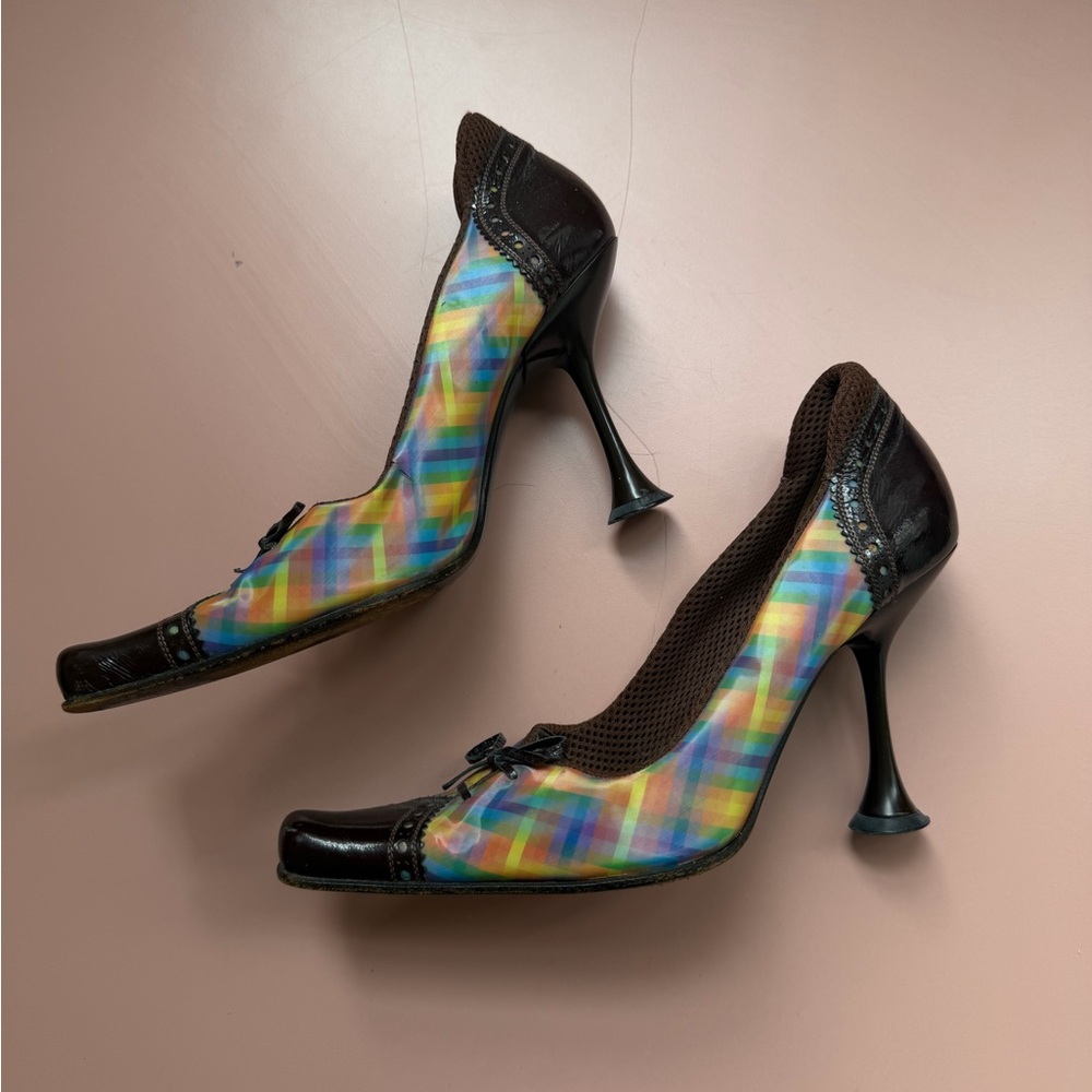 Miu Miu FW1999 Holographic Rainbow & Brown Patent Leather Heels